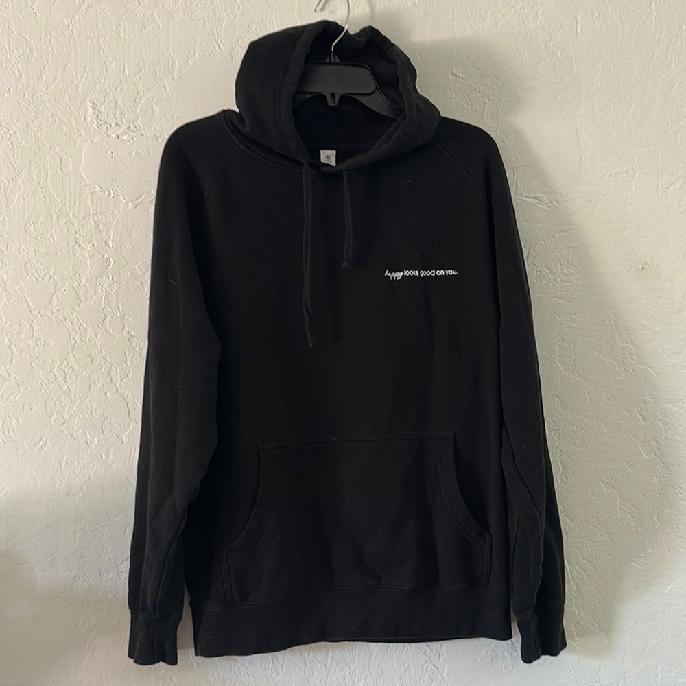 Happy Looks Good On You Black Hoodie Sweatshirt with Pullover Design
